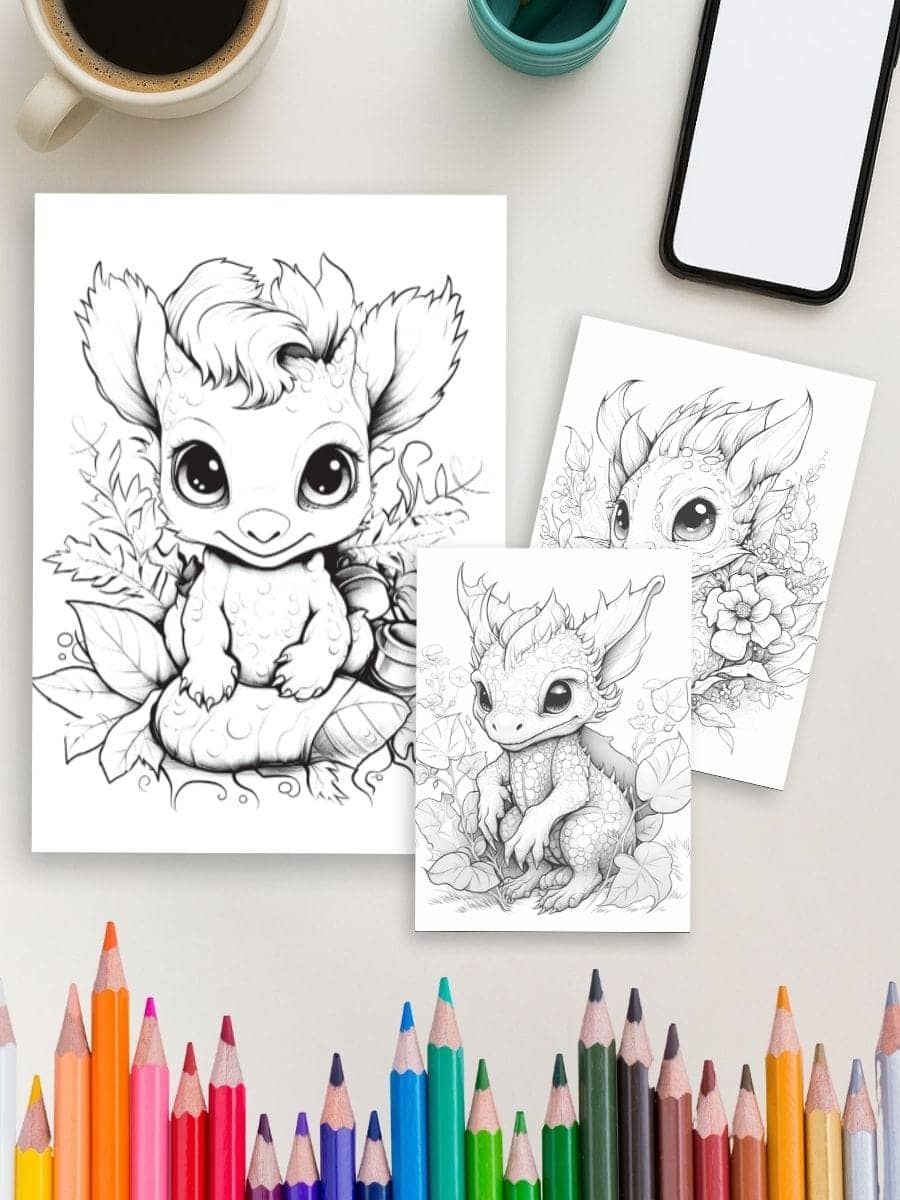 Coloring pages for preschool kids, fantasy dragon illustrations for early childhood education.