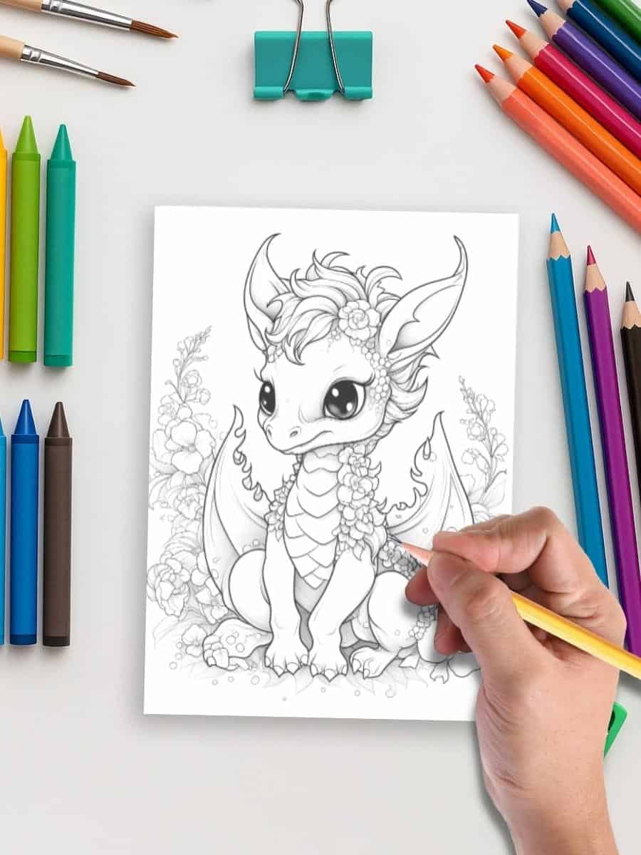 Coloring page of a cute baby dragon for preschoolers and early learners.