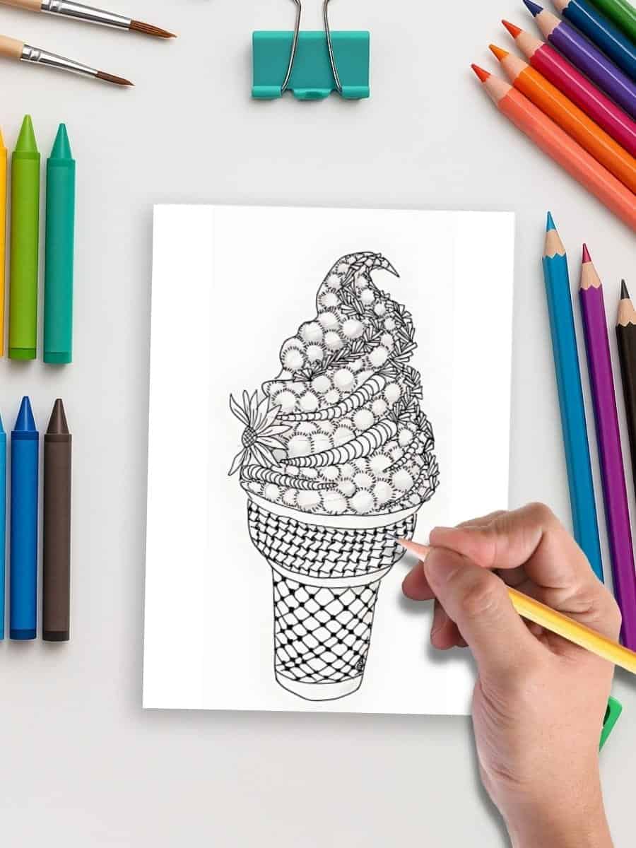 Coloring page of an ice cream cone with sprinkles for preschool kids.