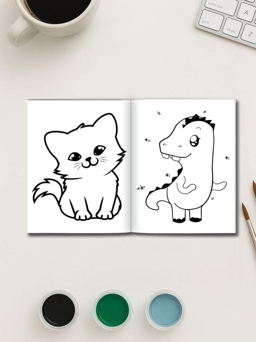 Cute black and white animal coloring pages for preschool kids, featuring a kitten and a dinosaur. Perfect for early childhood art activities.
