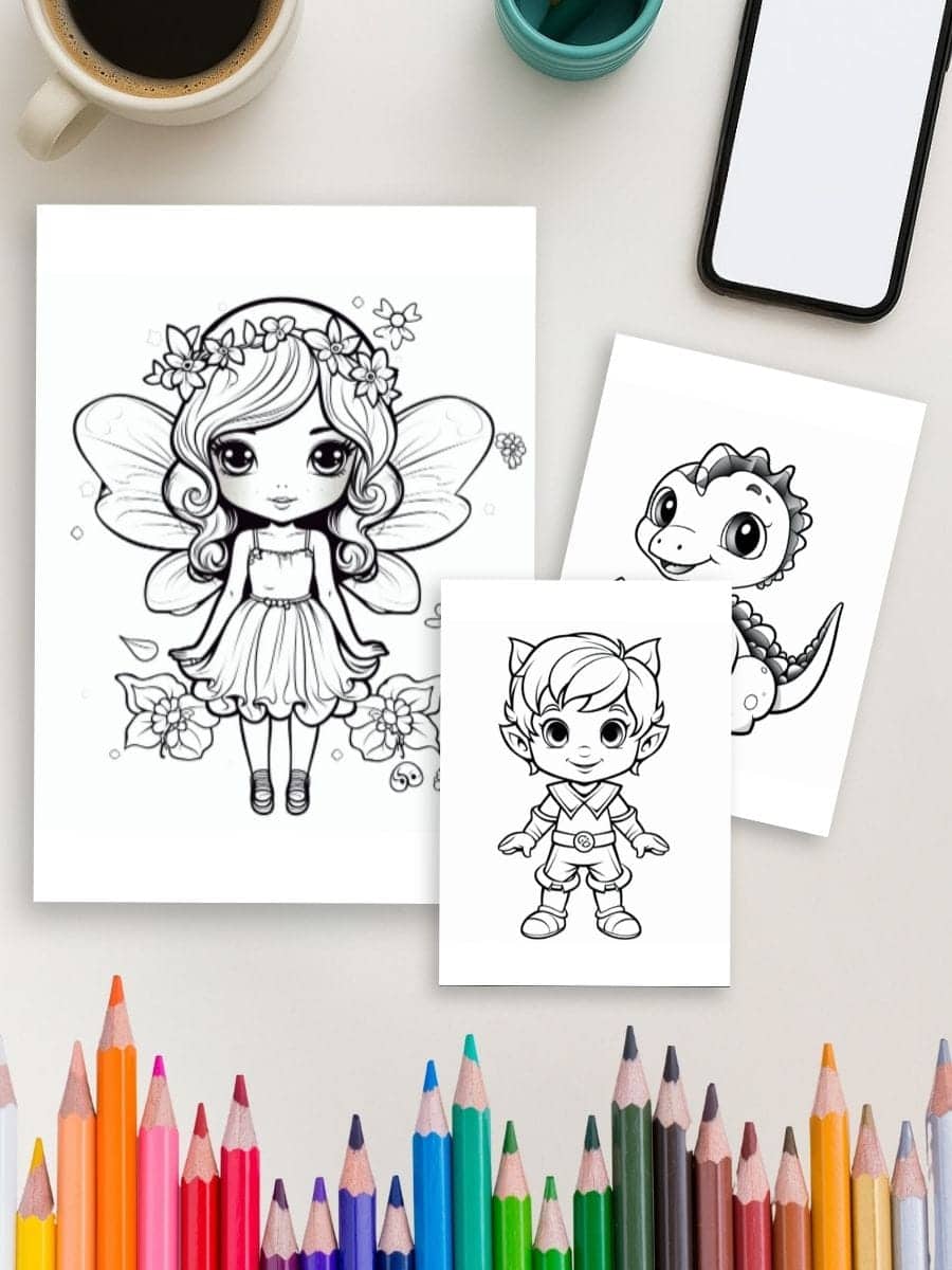 Coloring pages for preschoolers featuring fairy, dinosaur, and elf characters for educational and creative activities.