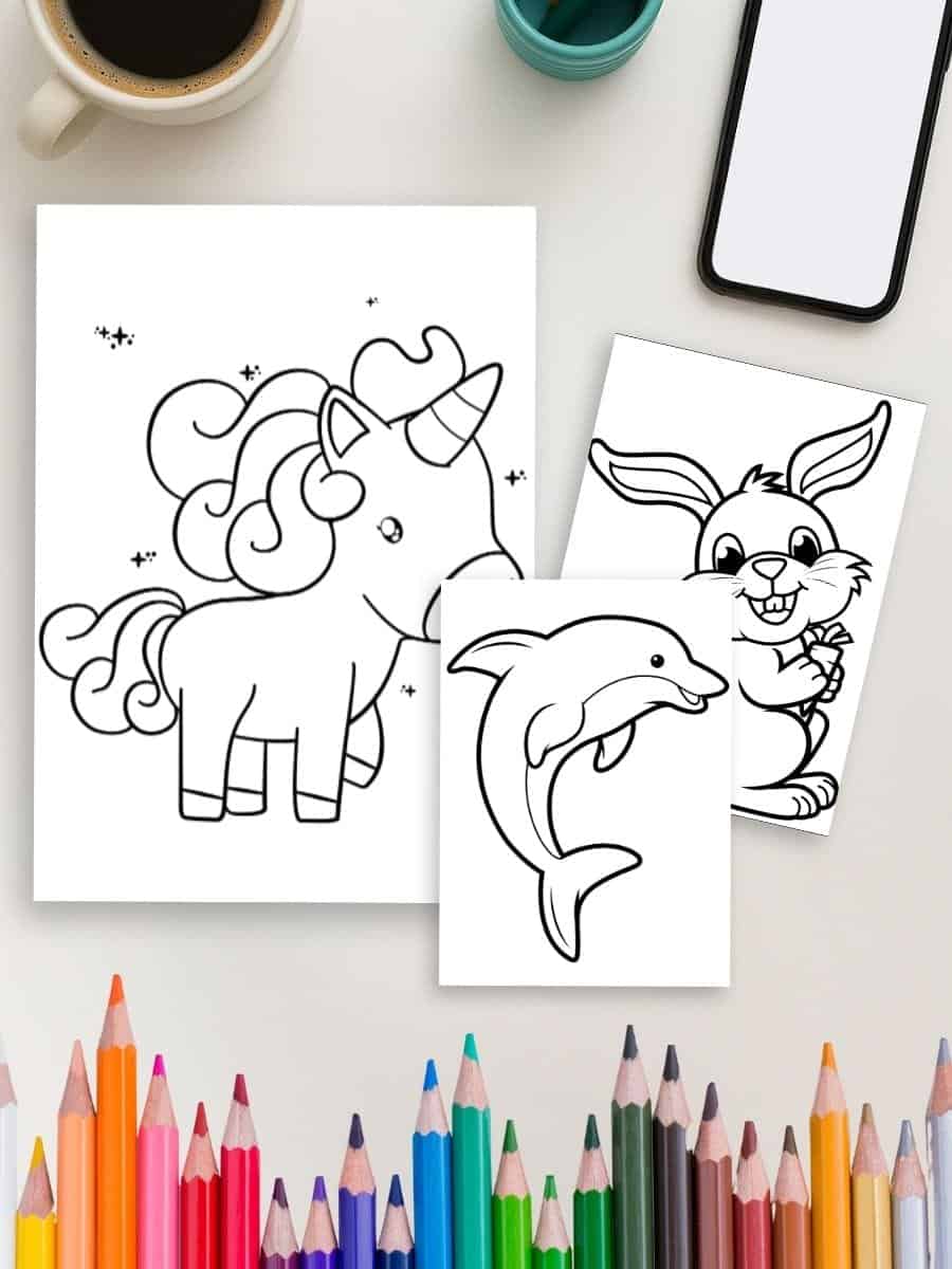 Coloring pages featuring unicorn, bunny, and dolphin for preschool activities and learning.