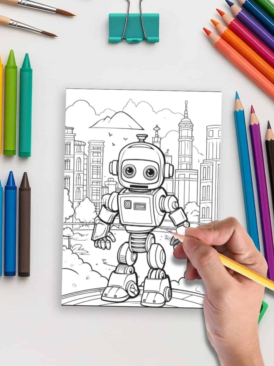 Colorful robot drawing for preschool classroom activities with cityscape background, ideal for early learning and creative arts.
