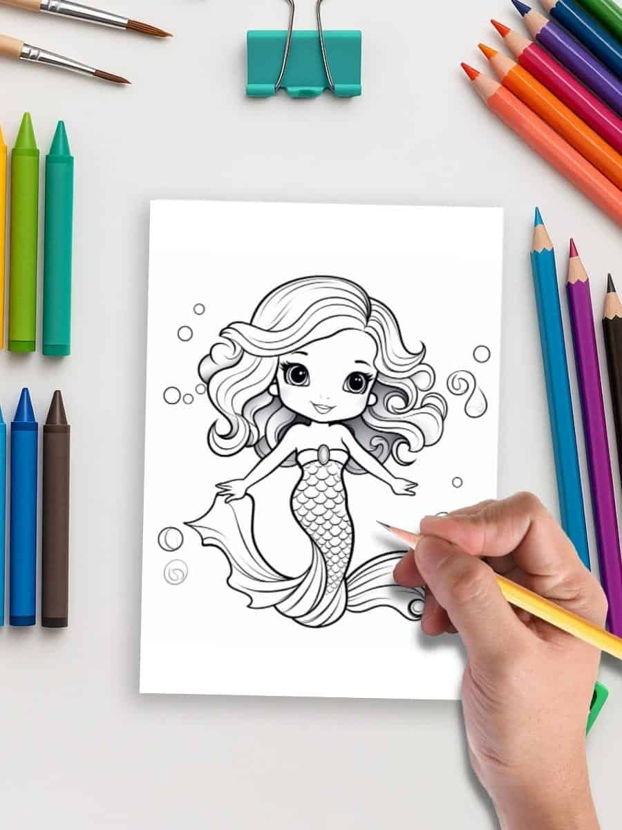 Coloring page of a cute mermaid for preschoolers, perfect for learning and creative activities.