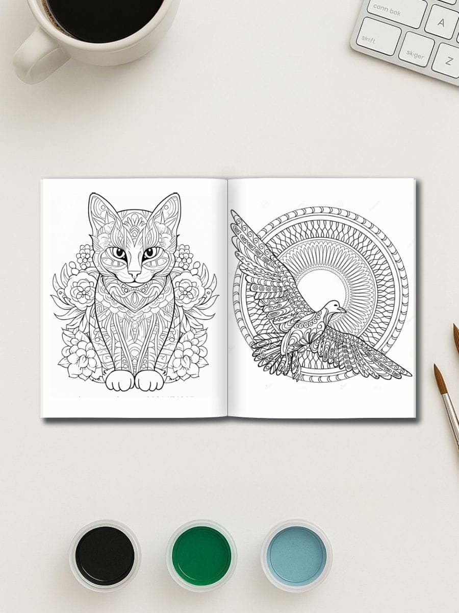 Intricate children's coloring pages featuring animals and mandala designs from Preschool Plannables.