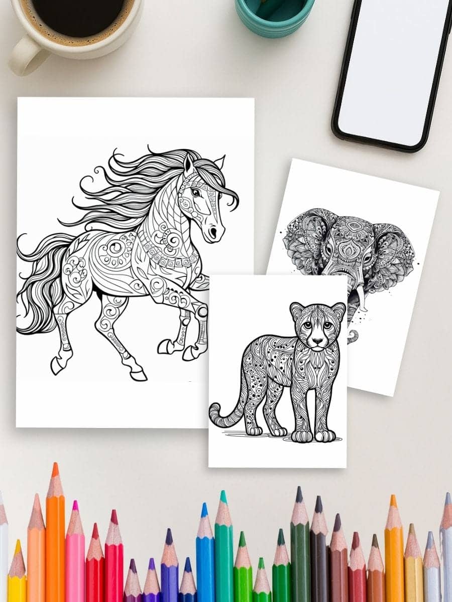 Coloring pages featuring detailed animal designs for preschool children.