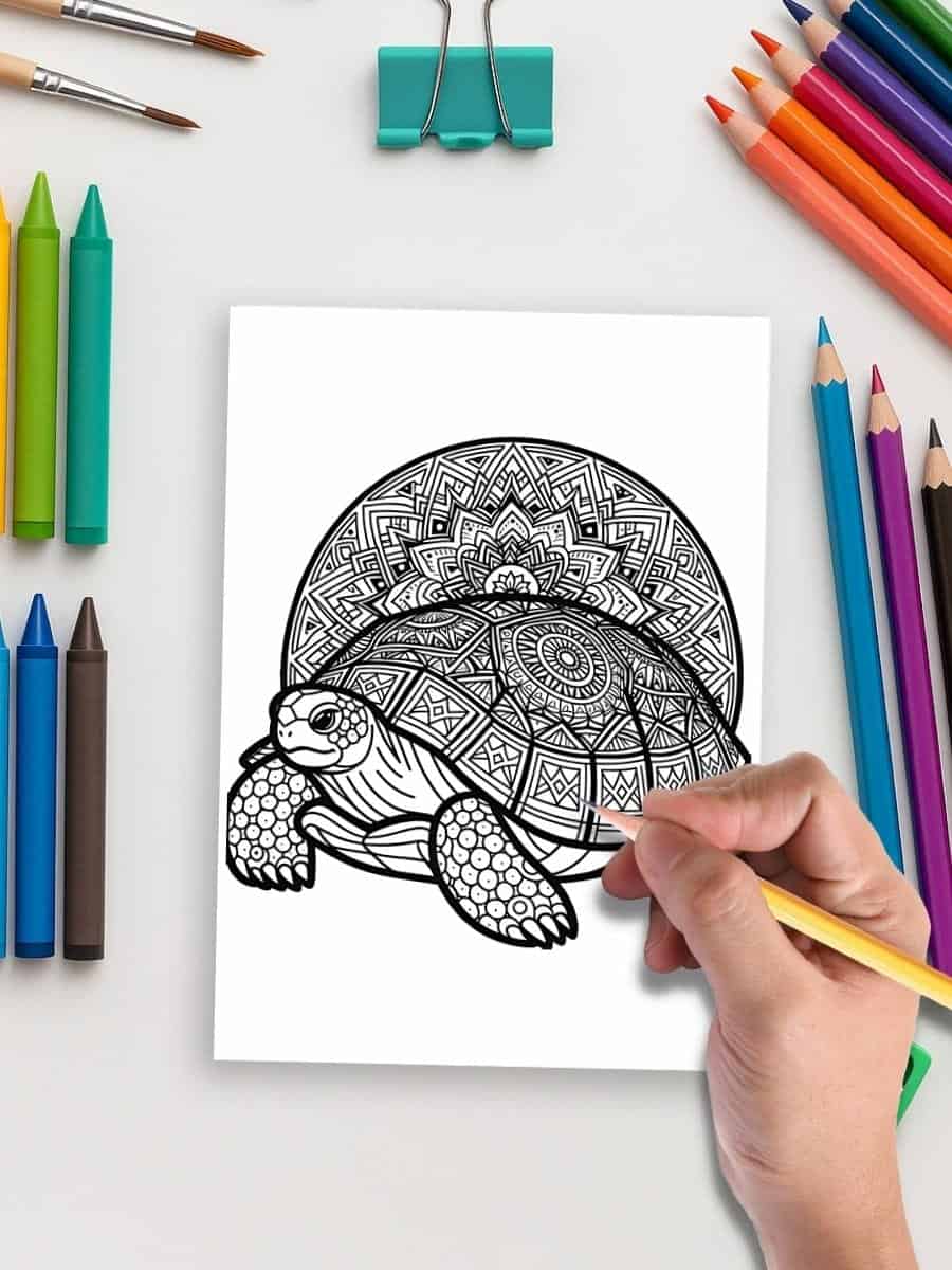 Coloring pages for preschoolers featuring sea turtle with intricate mandala patterns, perfect for early childhood education.