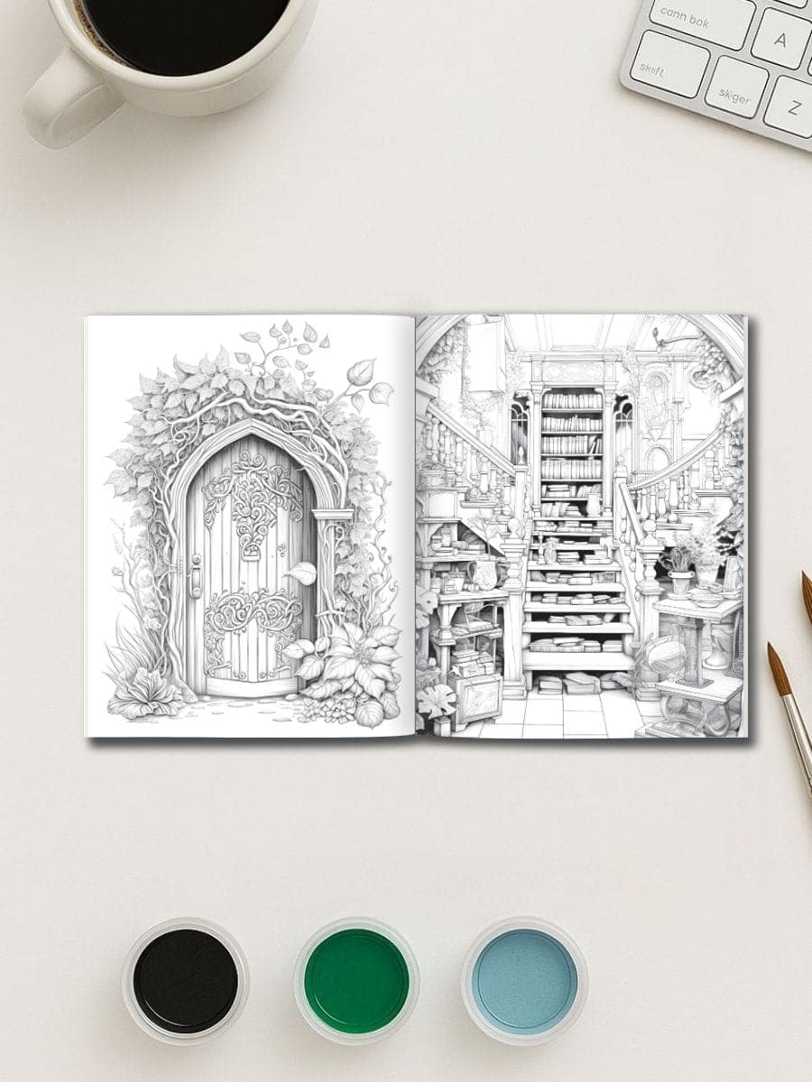 Intricate black and white coloring book pages featuring a magical door and an enchanting library scene.