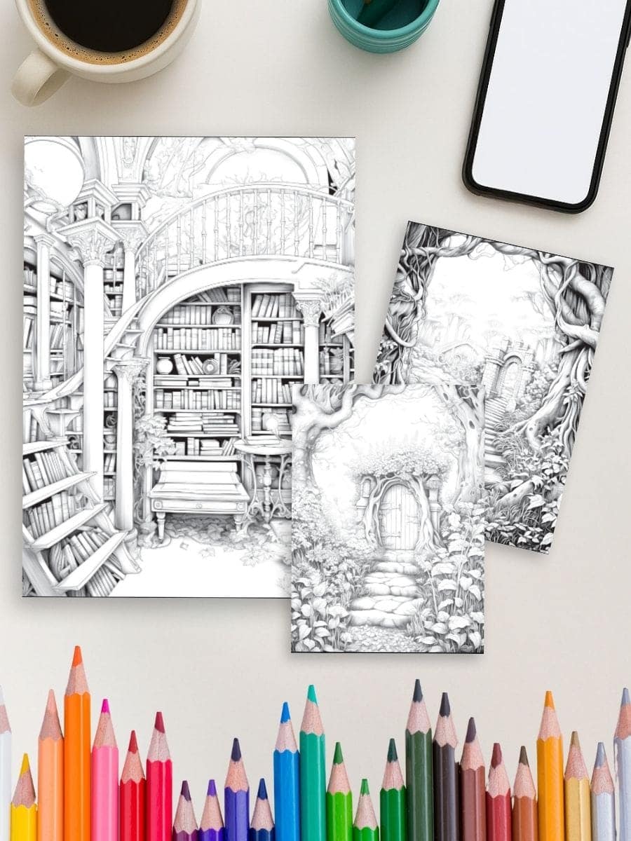 Coloring pages of fairy tale scenes, perfect for preschool learning and early childhood education.