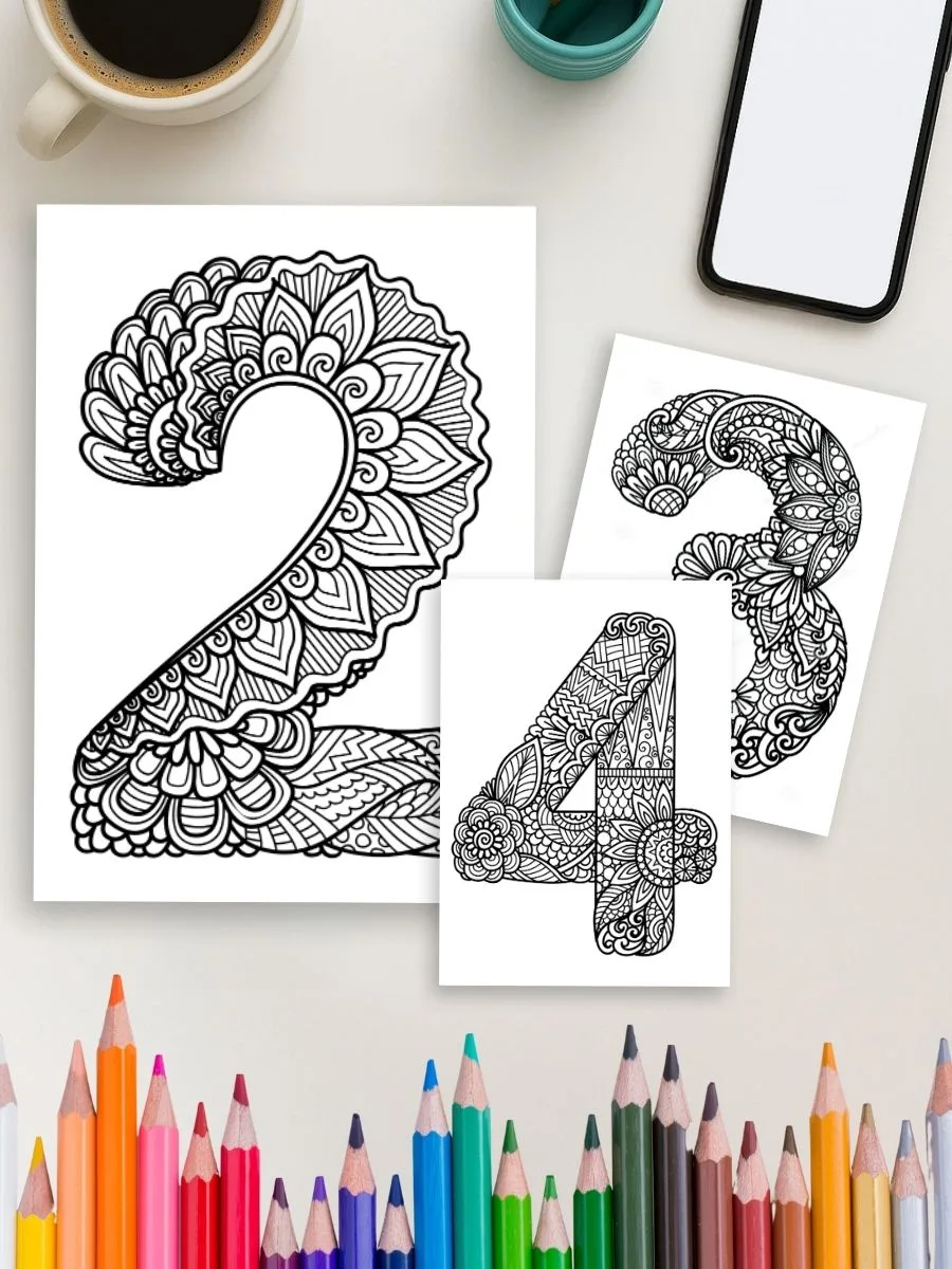 Coloring pages of number 2, 3, and 4 featuring intricate designs and patterns for preschool learning and fun.