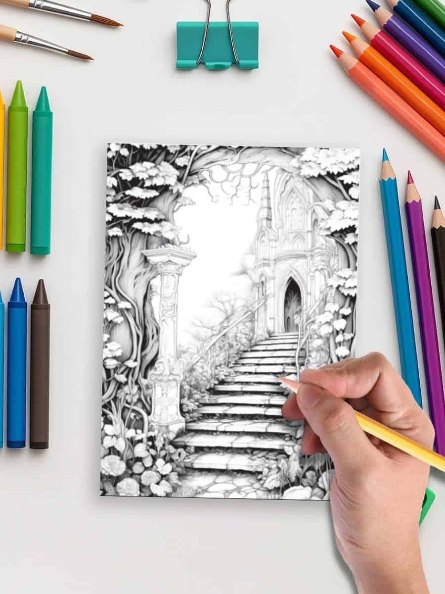 Coloring picture of a fantasy castle scene with stairs, trees, and detailed architecture. Perfect for preschool art and activity planning.