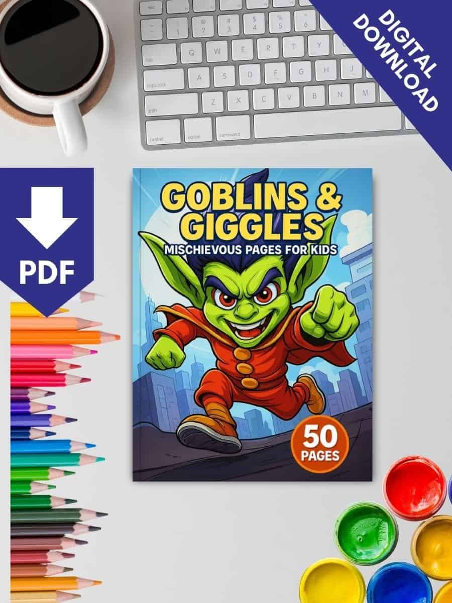 Goblins and Giggles coloring pages for kids, fun mischievous activity sheet for preschoolers.