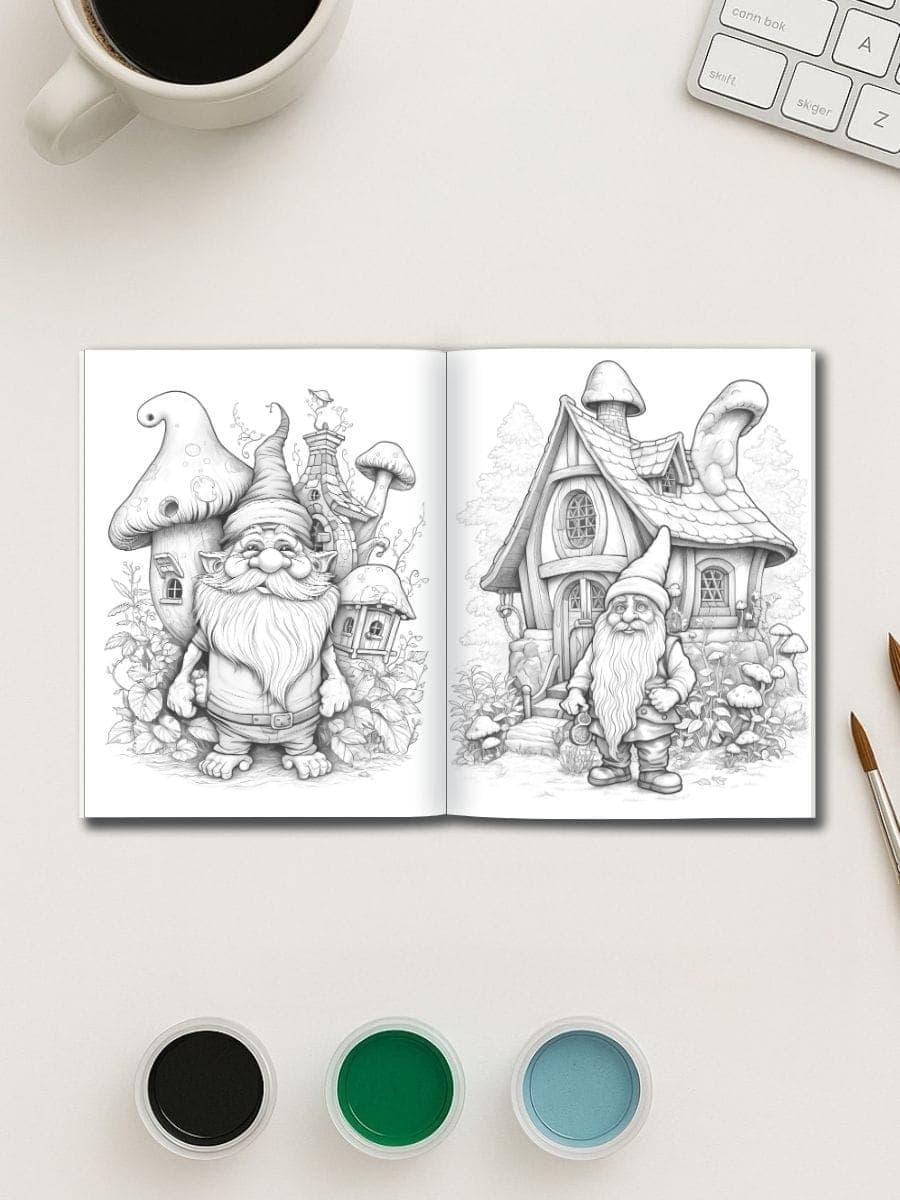 Whimsical gnome and fairy tale house coloring pages for preschoolers, perfect for early childhood art activities.