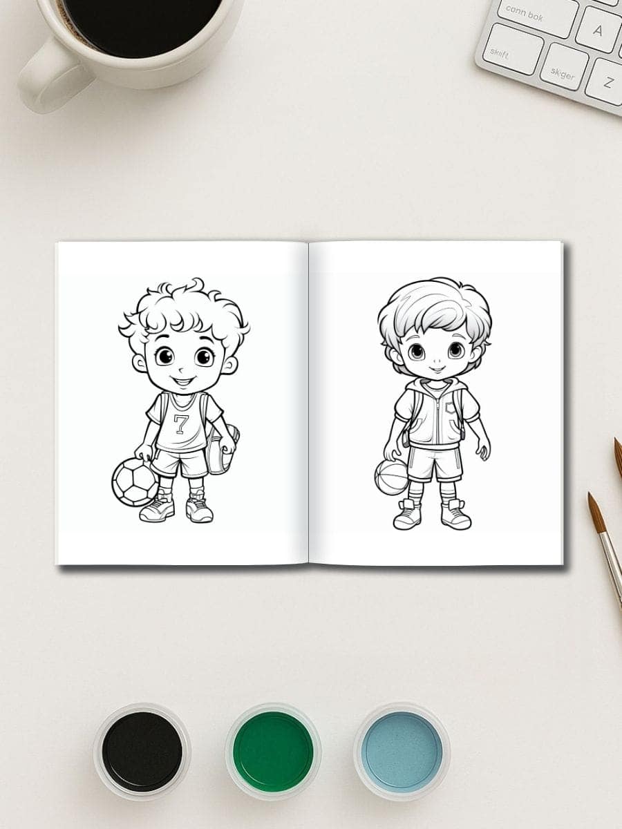 Coloring pages of cheerful boys with sports-themed outfits for preschoolers - ideal for early childhood education.