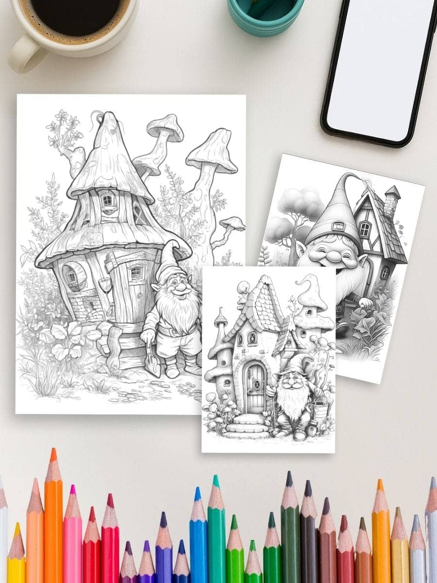 Whimsical fairy tale gnome coloring pages for preschoolers and early learners.