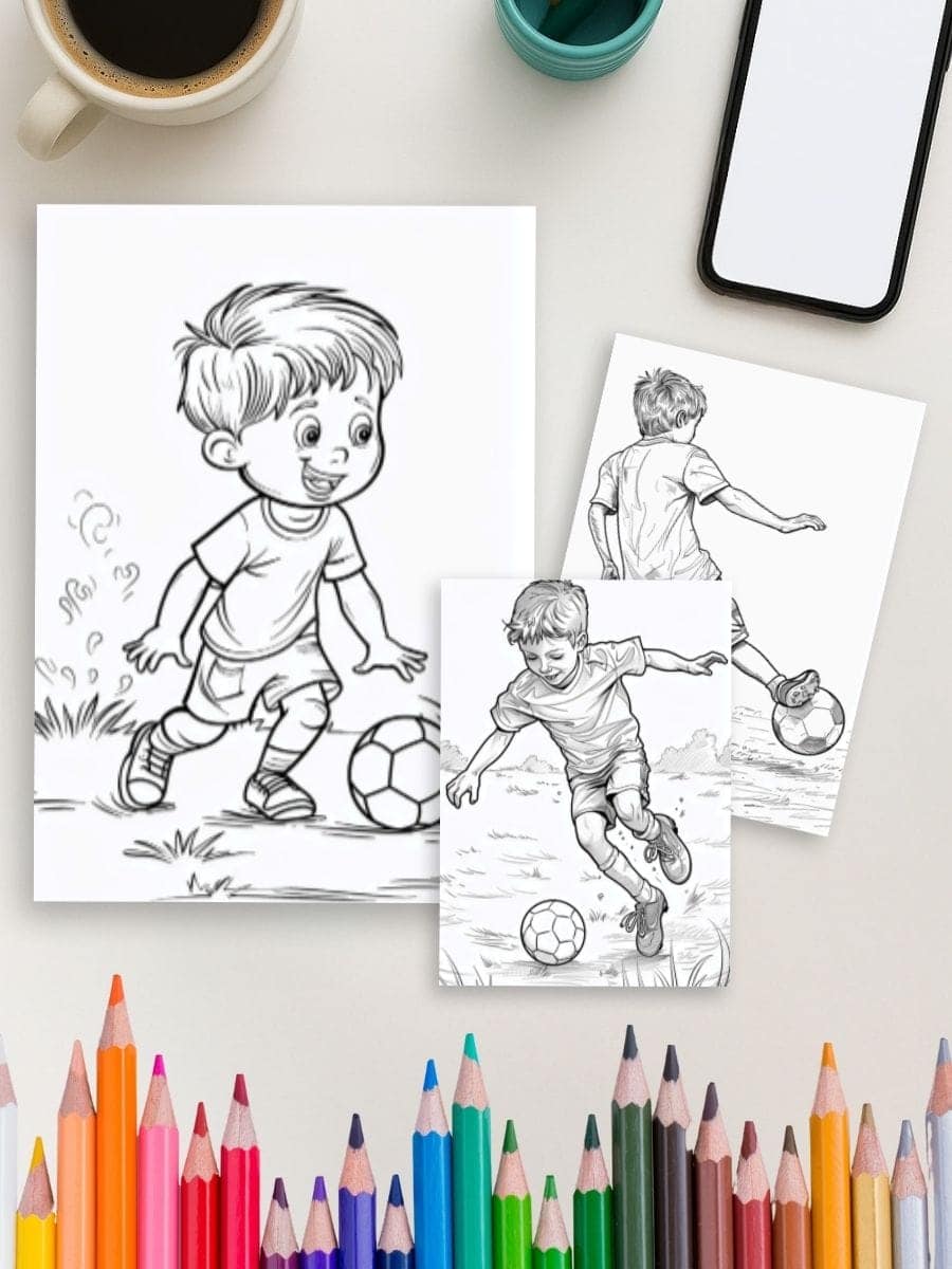 Coloring pages of children playing soccer, perfect for preschool activities and learning.