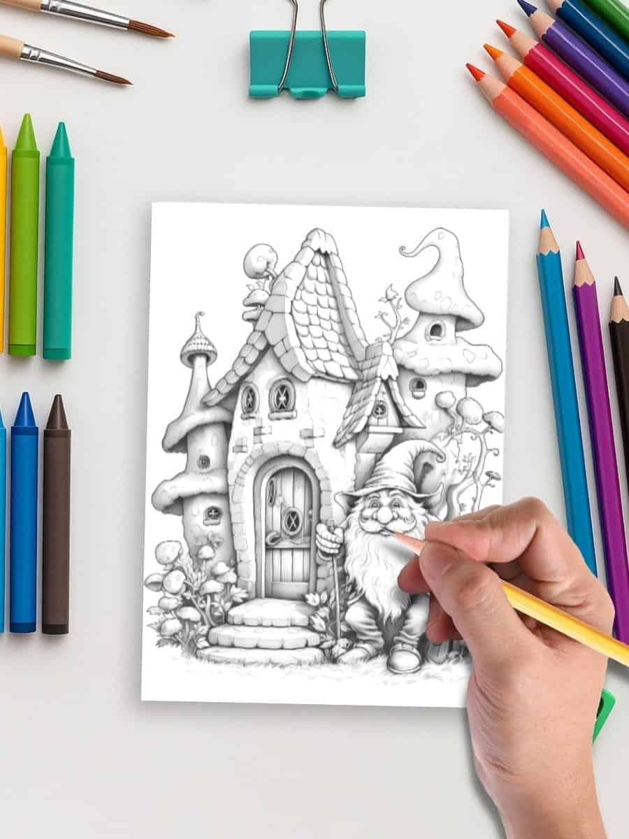 Coloring activity for preschoolers featuring a whimsical house and friendly wizard gnome, perfect for early childhood art projects.