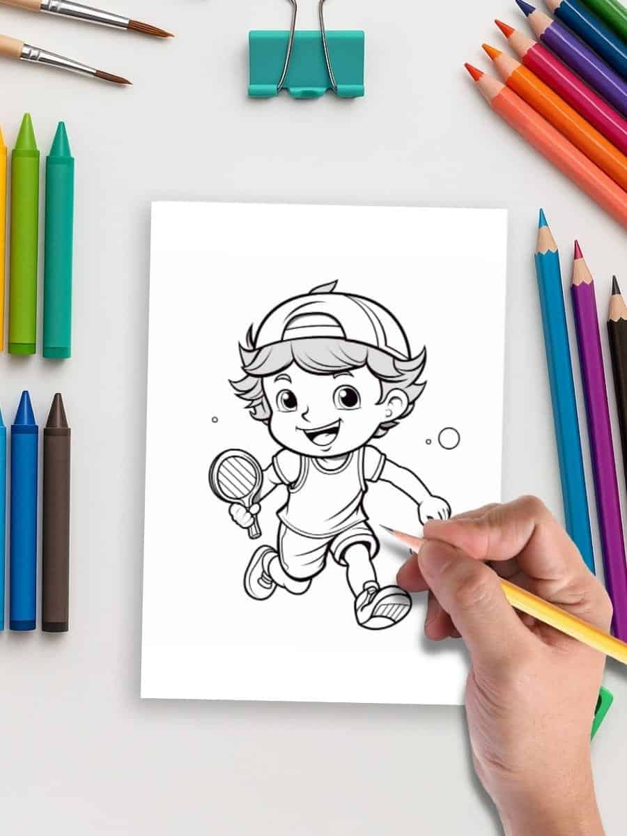 Coloring page of a happy kid playing tennis, perfect for preschool activities and educational fun.