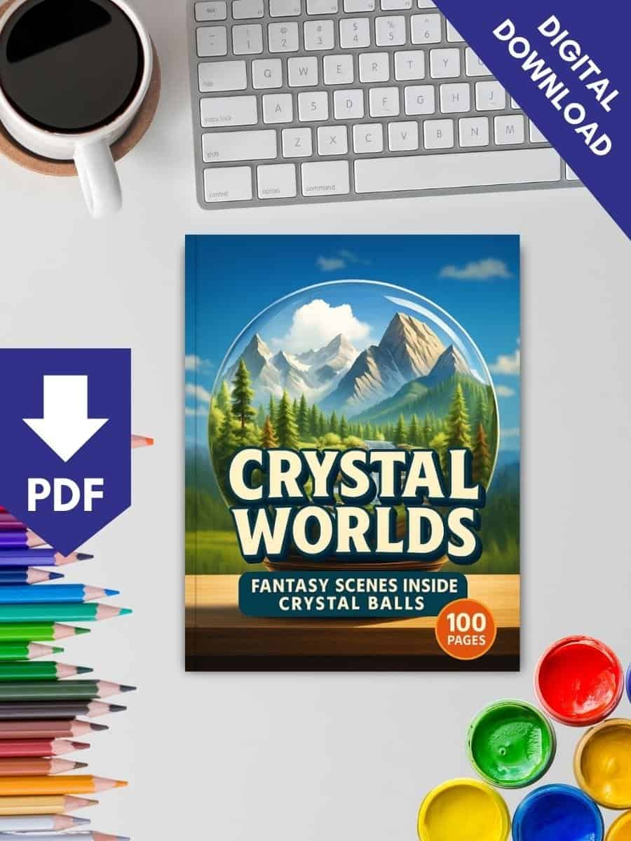 Vibrant children's book titled "Crystal Worlds" with mountains, trees, and fantasy scenes, perfect for preschool learning and storytelling.