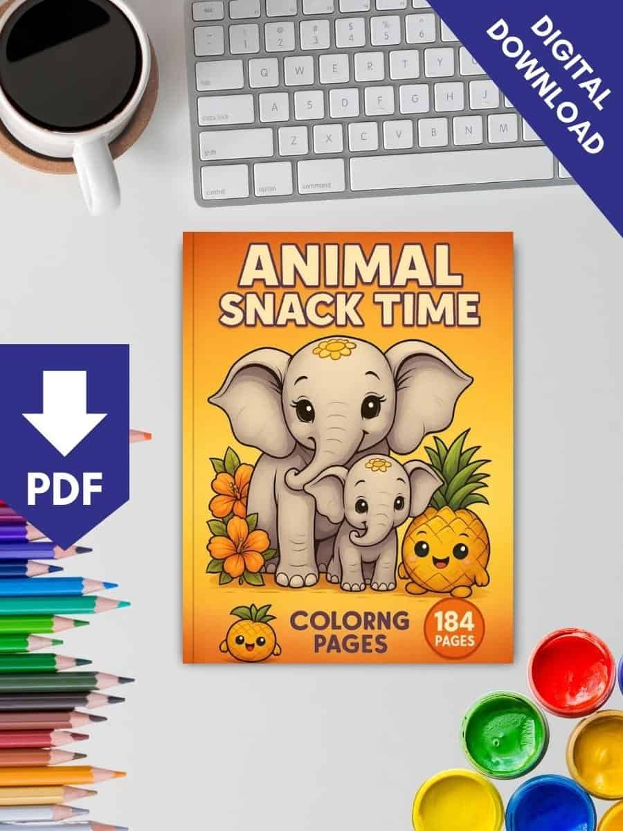 Coloring book for preschool children featuring animal snack time theme, perfect for early childhood education and fun activities.