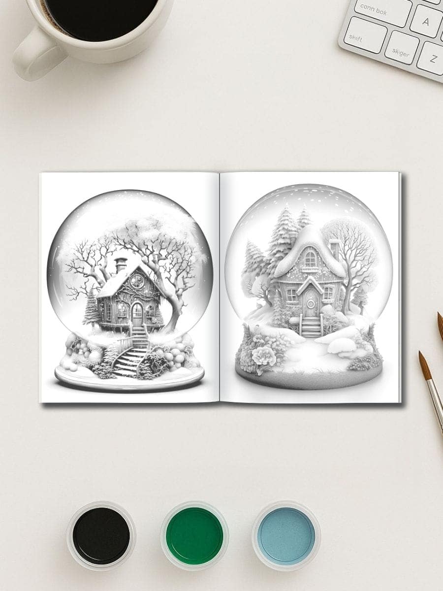 Snow globe with winter houses and trees, decorative holiday scene for preschool educational activities.