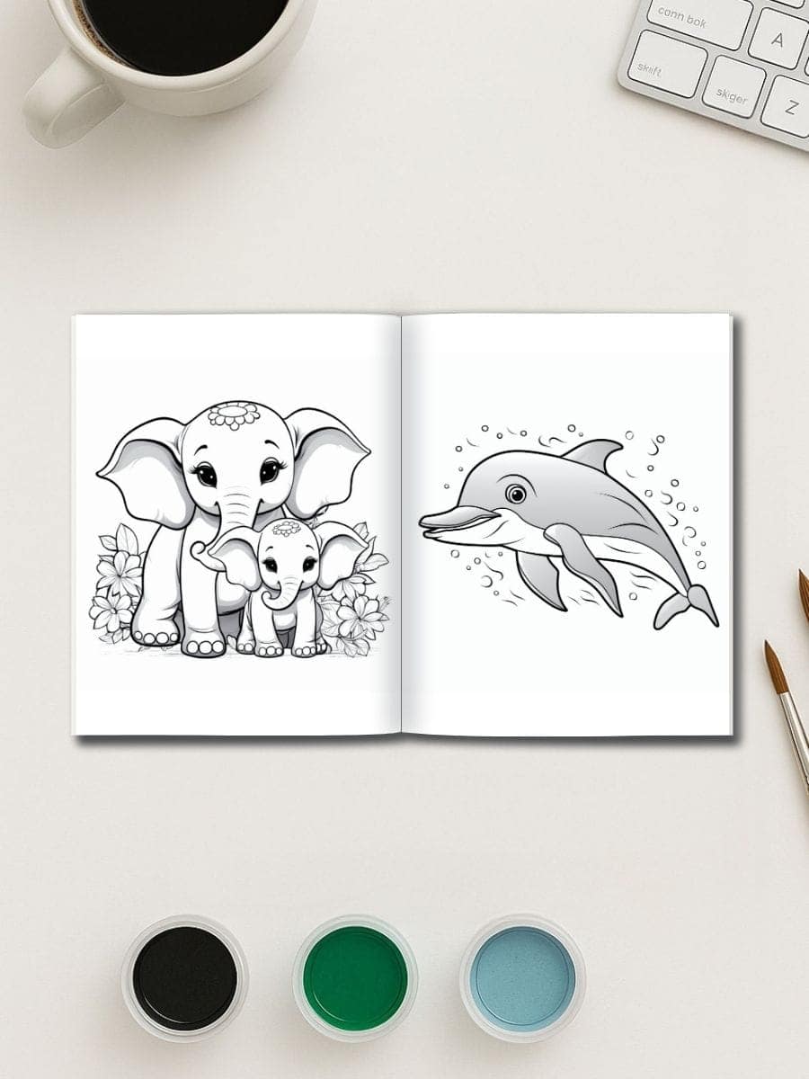Coloring book pages featuring cute elephants and a dolphin, perfect for preschool learning activities.