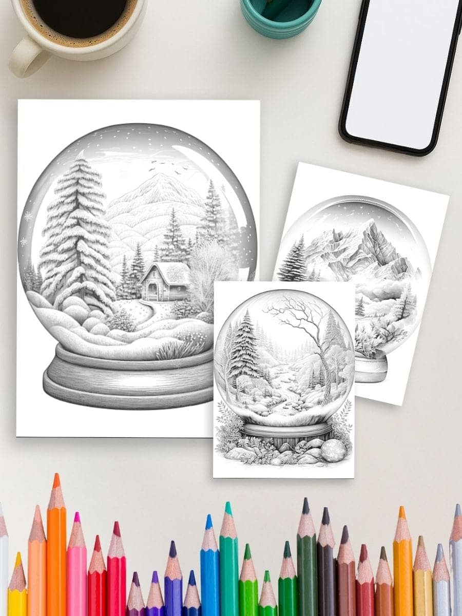 Snow globe winter landscape coloring pages for preschoolers and young children - educational winter art activities.