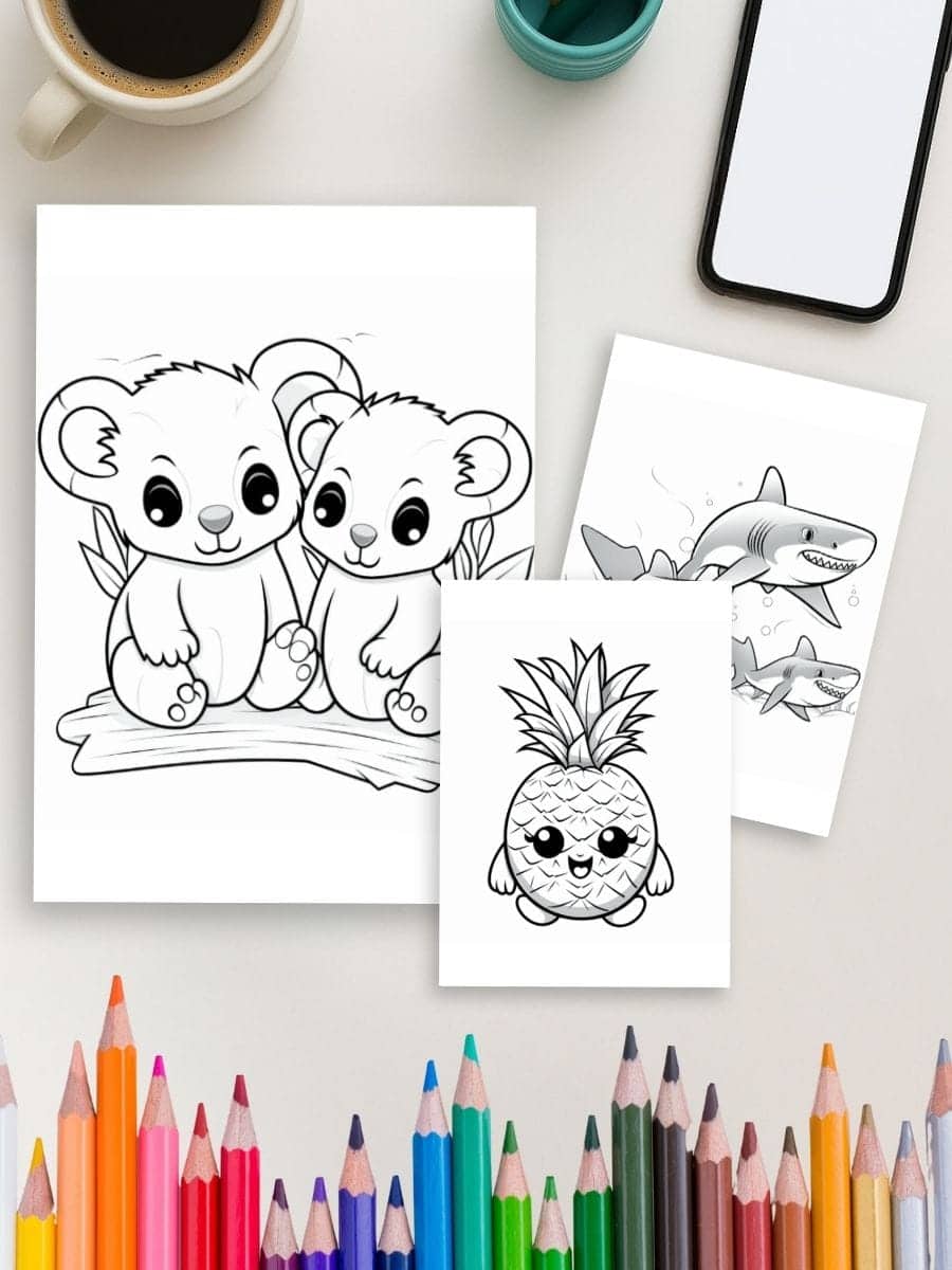 Cute preschool coloring pages featuring animals, sharks, and tropical fruits for early childhood education.