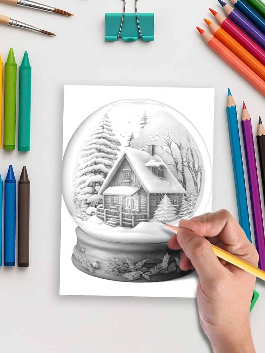 Colorful markers and pencils surrounding a winter scene snow globe, ideal for preschool craft activities.