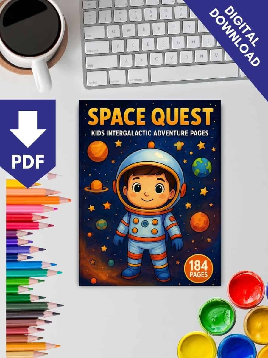 Colorful kids' space adventure activity pages for preschool learning and fun.