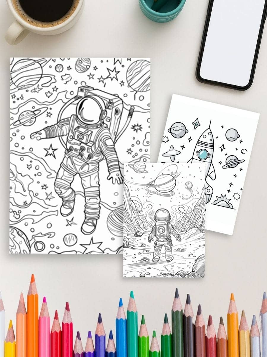 Coloring space-themed astronaut and rocket printables for preschool or early childhood education - educational classroom activity.