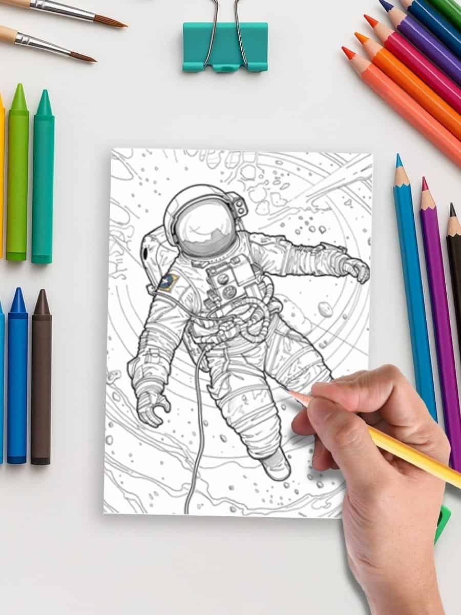 Coloring page of an astronaut floating in space with markers and coloring supplies around it.