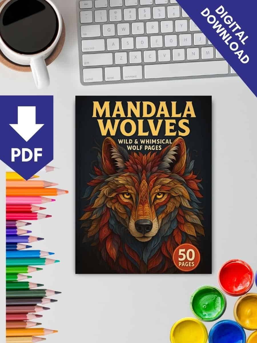 Brightly colored crayons and watercolor paints beside a digital keyboard, featuring a wolf coloring page titled "Mandala Wolves" for preschoolers.