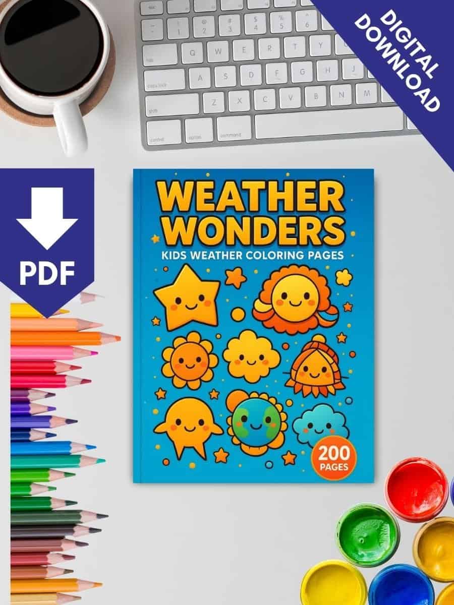 Bright weather-themed kids coloring pages for preschool weather education activities and classroom decor.