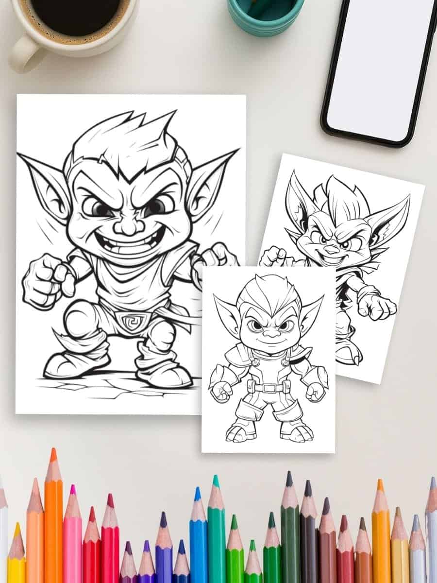 Vibrant coloring pages featuring fantasy goblin characters, perfect for preschool art activities and early childhood development.