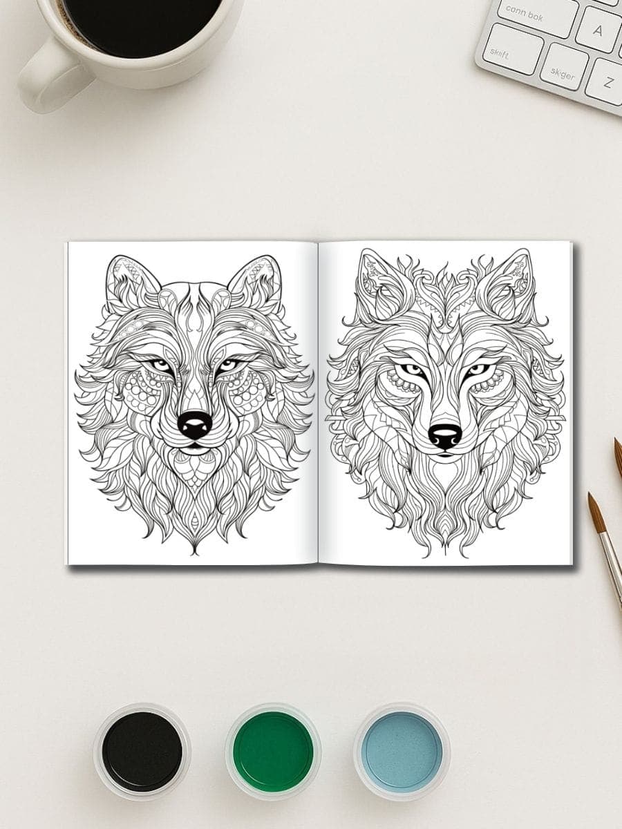 Intricate wolf coloring book pages for preschoolers, promoting creativity and fine motor skills.