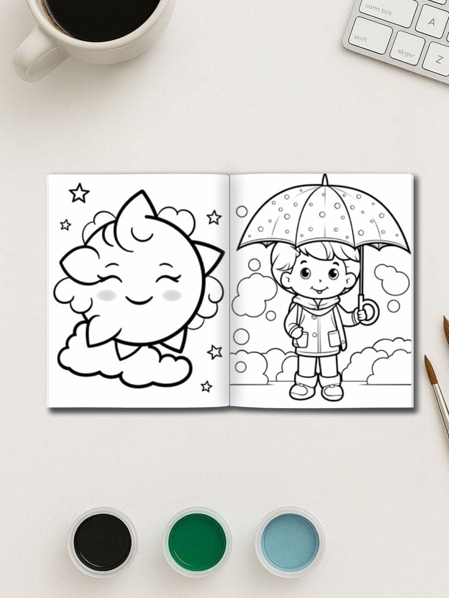 Happy cloud and young girl with umbrella coloring pages for preschool education and fun activities.