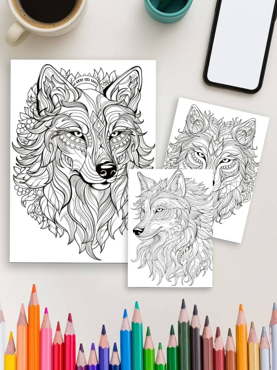 Intricate wolf coloring pages for preschool kids, perfect for creative animal-themed activities.