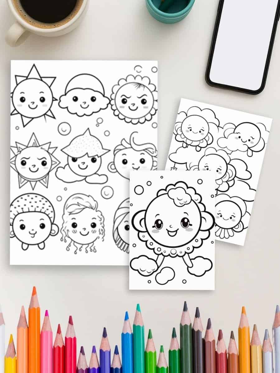 Coloring pages with cute sun and cloud characters for preschoolers - educational and fun activity for young children.