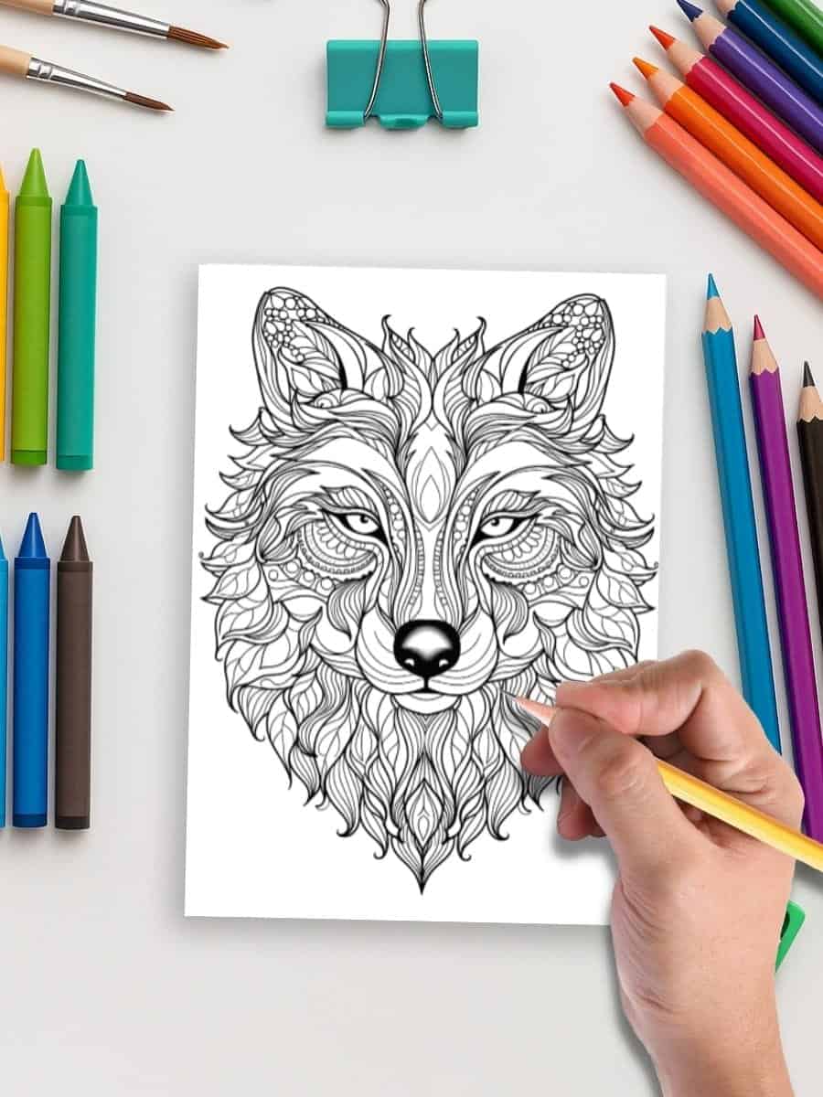 Intricate wolf coloring page for preschoolers, perfect for early childhood learning and creativity.