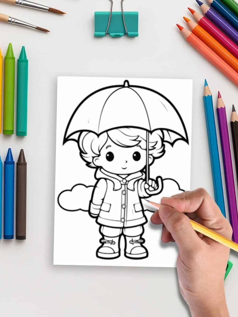 Coloring page of a child holding an umbrella, perfect for preschool activities and classroom craft projects.