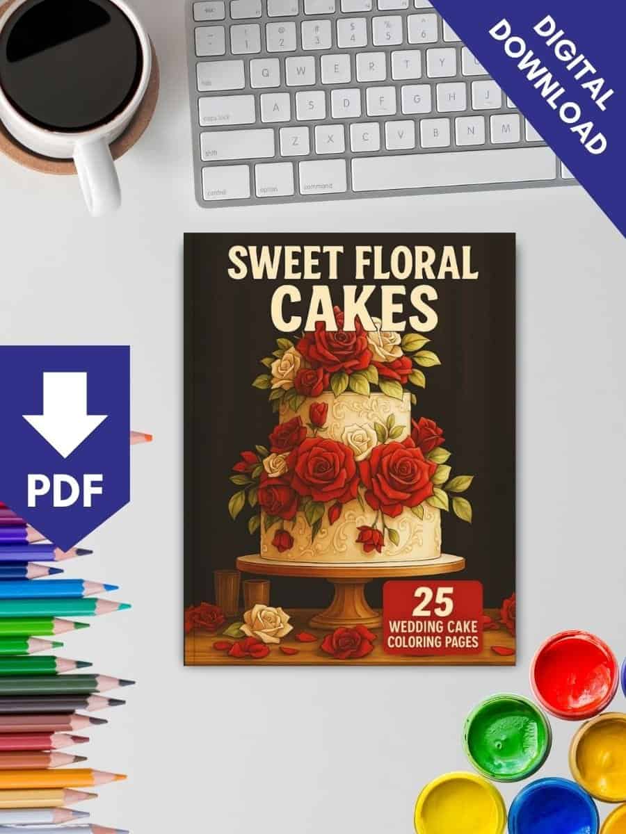 Beautiful wedding cake illustration for preschool floral lesson plans, printable activity, and coloring pages.