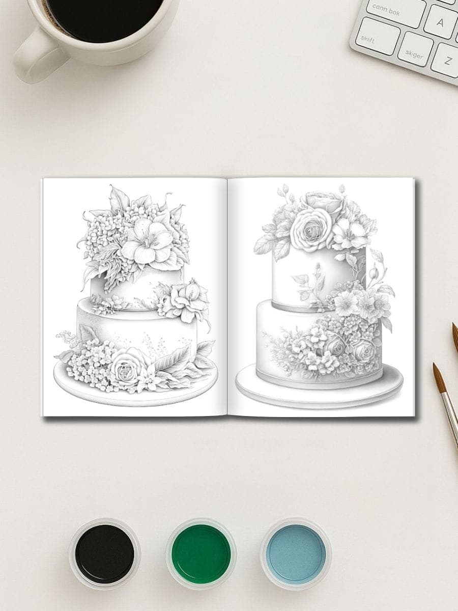 Coloring book page featuring intricate floral birthday cake illustrations, ideal for preschool art activities and creative development.