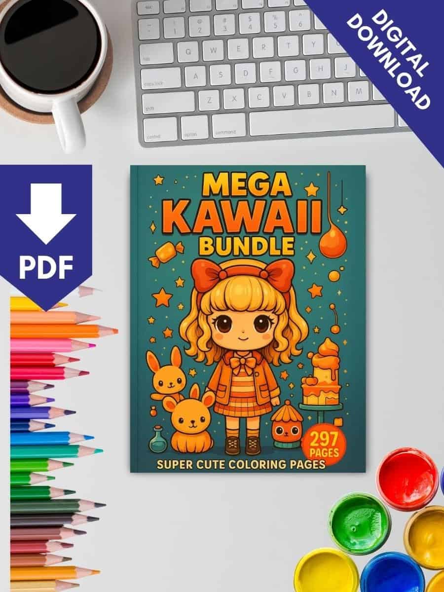 Colorful kawaii bundle digital download for preschoolers, printable cute coloring pages for kids, classroom activity, preschool planning resources.