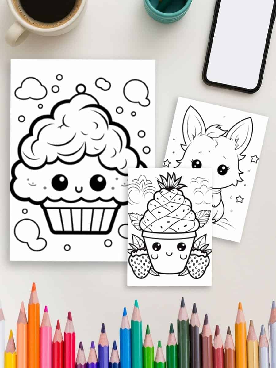 Coloring pages for preschool kids, cupcake, animal, and fruit designs, fun educational activities.