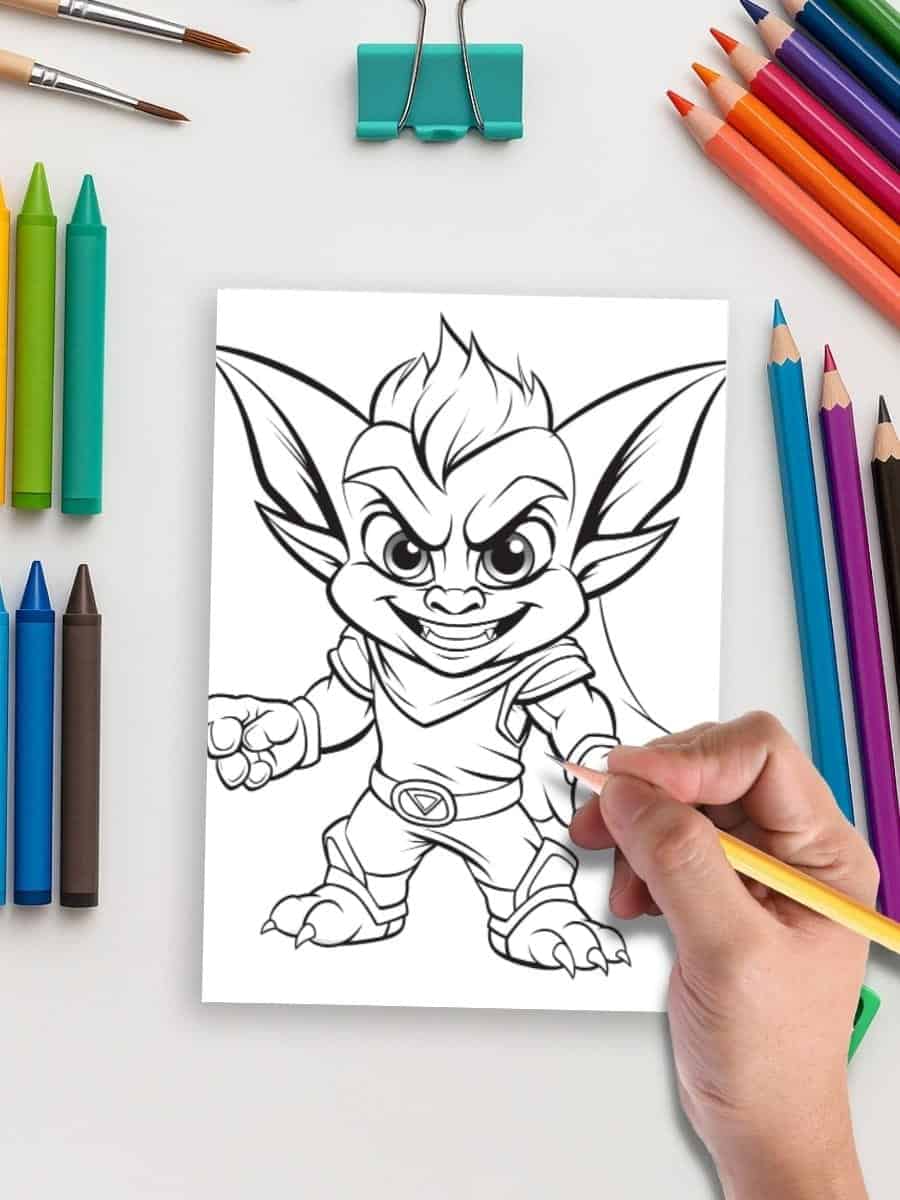 Coloring page of a fantasy creature with large ears, intense eyes, and a mischievous grin, ideal for preschool art activities.