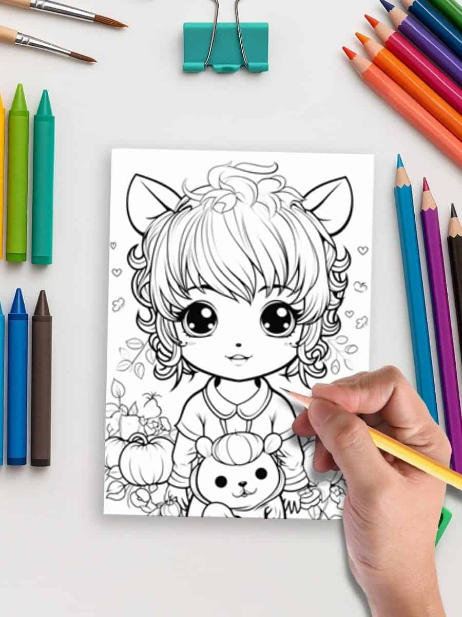 Coloring page of a cute girl with animal ears holding a pumpkin, surrounded by autumn decorations, for preschool arts and crafts.