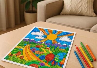 Bright colorful children's coloring page featuring a vibrant sun and rainbow landscape for preschool arts and crafts.