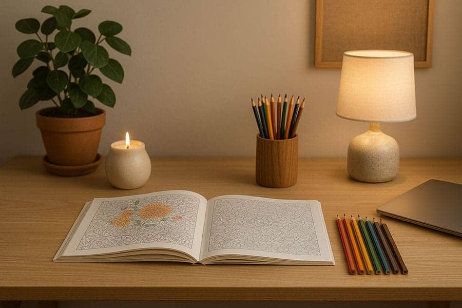 Colorful pencils and a preschool coloring book on a wooden desk for early childhood education.