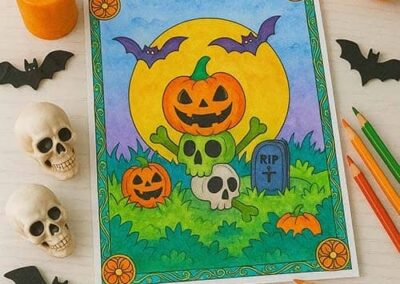Colorful Halloween-themed preschool coloring page with pumpkins, skulls, bats, and gravestone, perfect for early childhood fall activities.